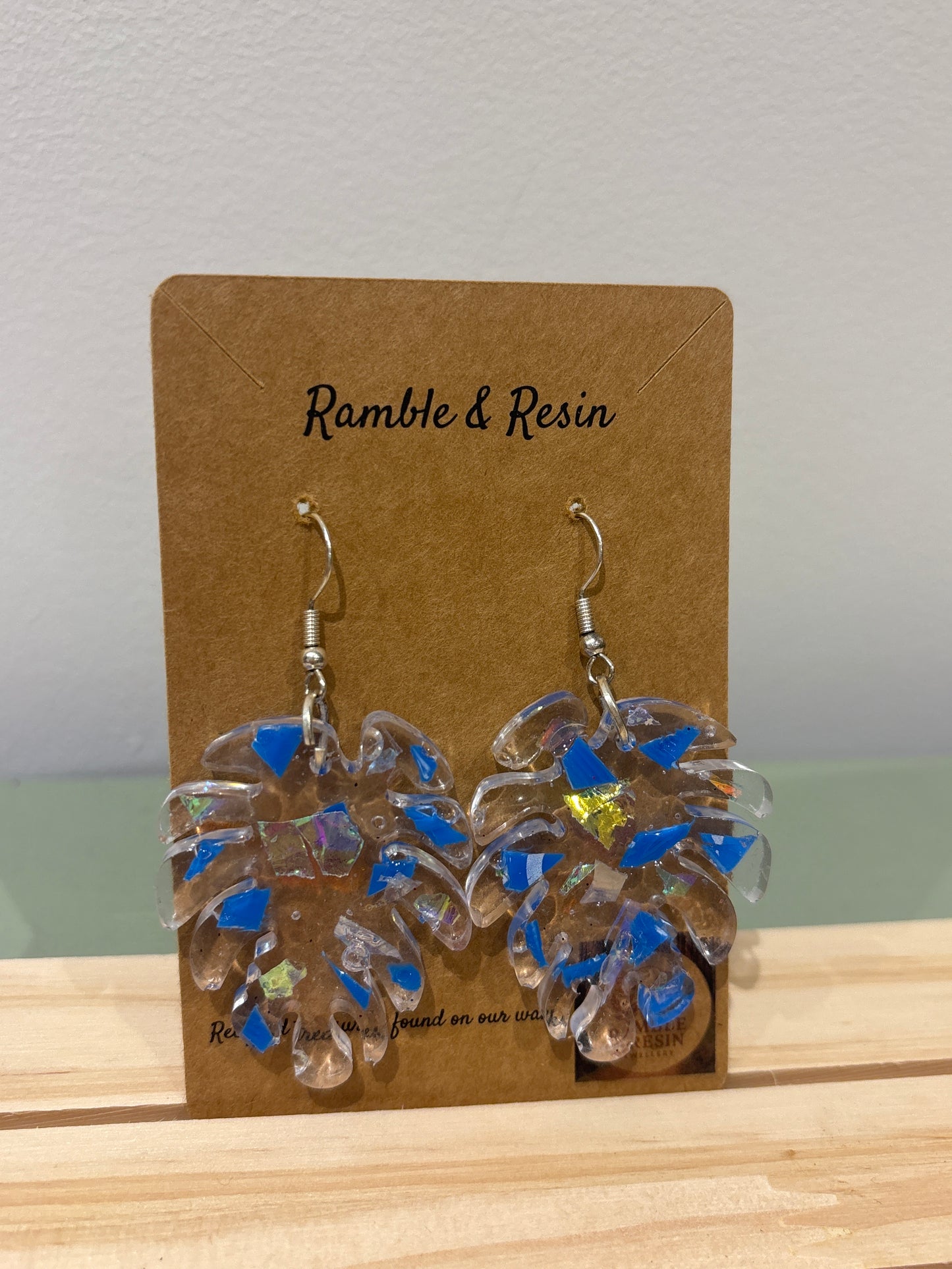 Blue leaf Large drop earrings