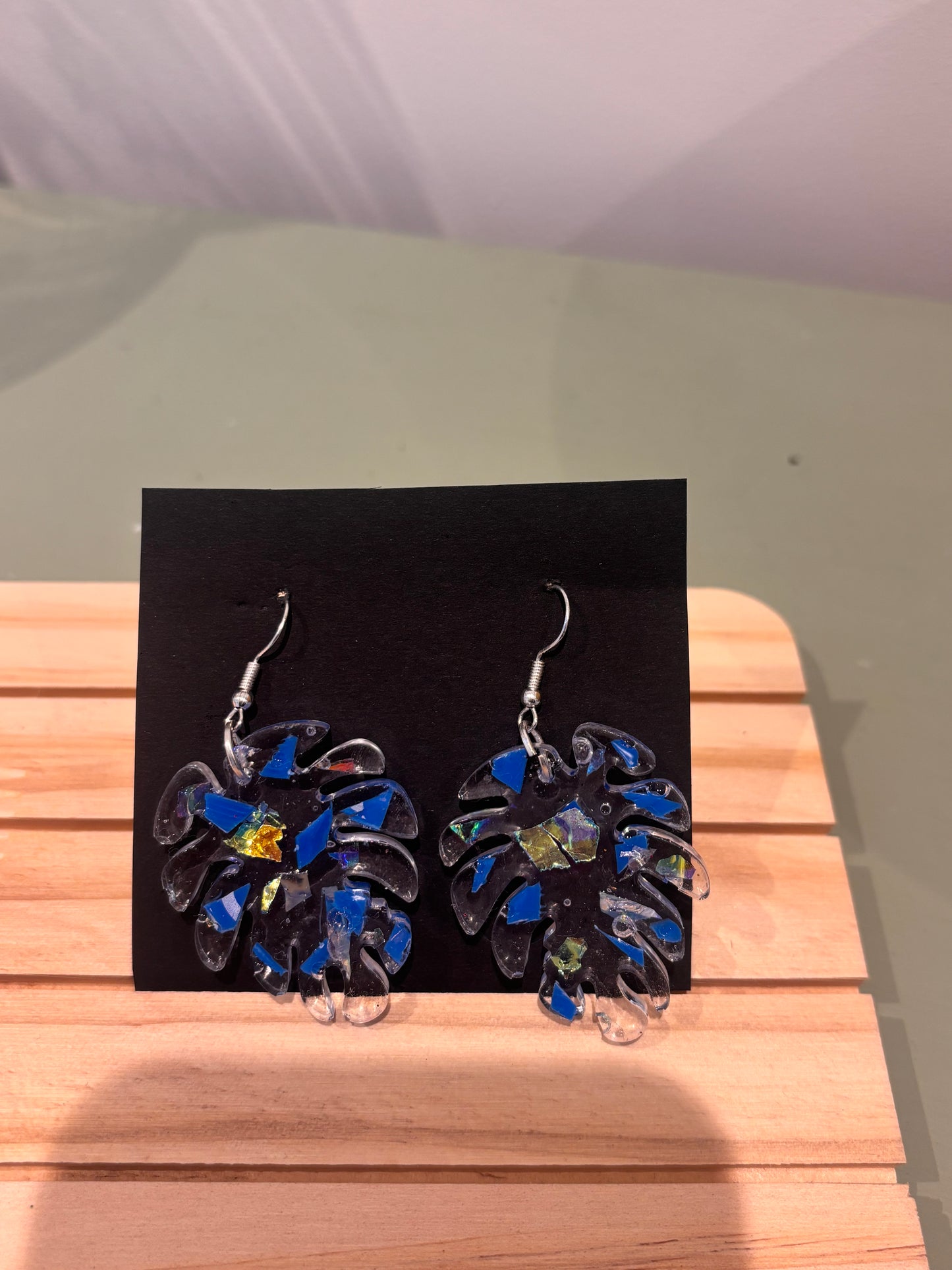 Blue leaf Large drop earrings