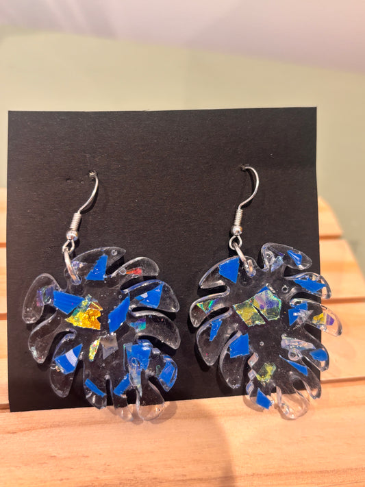 Blue leaf Large drop earrings